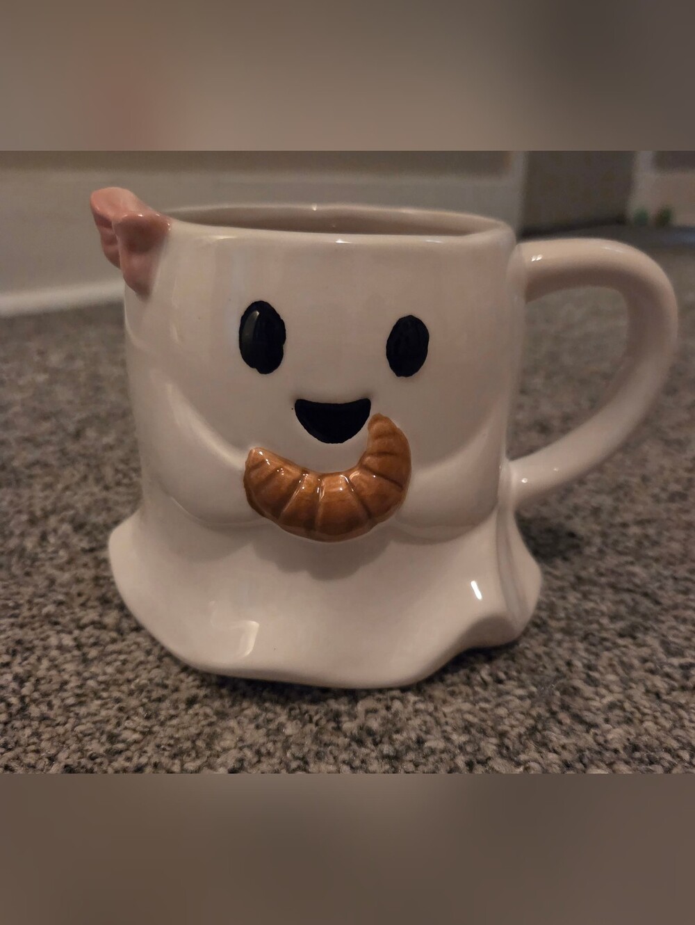 White Ghost Mug with Brown Croissant & Pink Bow Halloween Cute